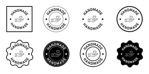 Handmade Badge Icon Set Craft Label Hand with Heart Logo DIY Product Stamp Vector sign symbol