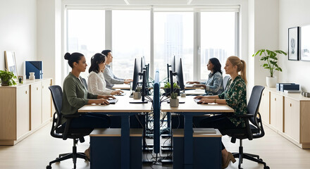 Diverse Professionals Collaborating In Modern Office Space With Natural Light