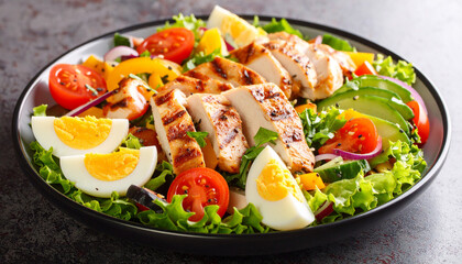 Grilled chicken salad with boiled eggs and fresh vegetables. Tasty food. Healthy lunch. Close-up.