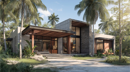 Modern tropical house exterior design with natural elements, open space, and fresh atmosphere, perfect for architecture and real estate inspiration.
