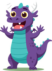 Fototapeta premium Cute purple cartoon baby dragon with turquoise belly and playful expression vector illustration
