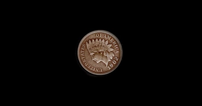1902 United States Indian Head Penny coin, front side, isolated.