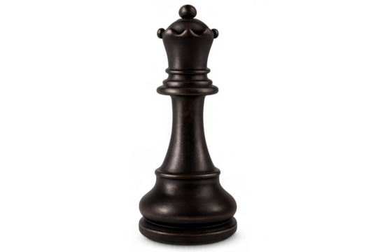 Dark brown wooden queen chess piece standing on transparent background