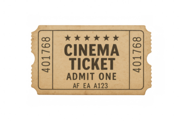 Vintage cinema ticket admit one on transparent background