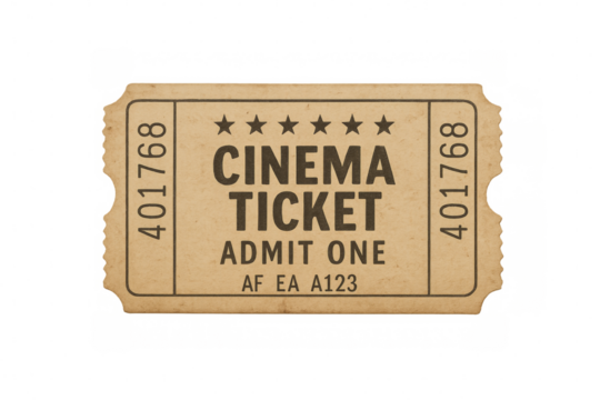 Vintage cinema ticket admit one on transparent background