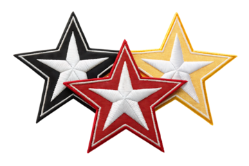 Three embroidered stars in red black and yellow isolated on transparent background