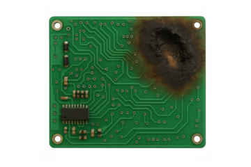 Burnt circuit board showing short circuit on transparent background