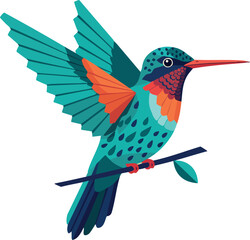 Obraz premium Hummingbird perched on branch with spread wings colorful teal and orange bird vector design