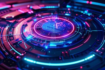 Futuristic circular HUD design, abstract digital interface with neon glow, concept of innovation and technology.