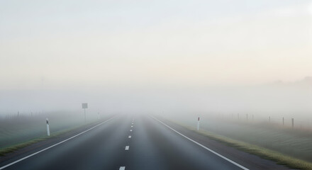 Fototapeta premium Eerie Morning Drive Through Ghostly Fog On Country Road