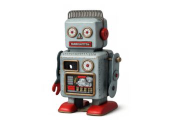 Vintage toy robot standing on transparent background