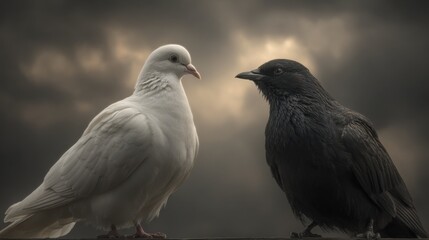 Fototapeta premium A black starling and a white pigeon stand face to face against a moody, cloudy sky, creating a striking contrast. This moment captures the beauty of nature and wildlife interaction.