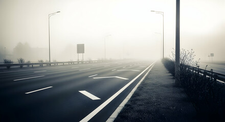 Eerie Morning Commute On Foggy Highway With Limited Visibility Conditions