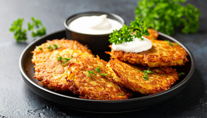 Crispy potato pancakes with sour cream. Tasty food. Delicious snack. Cooking and culinary concept