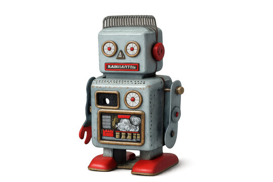 Vintage toy robot standing on transparent background