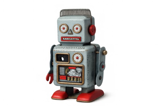 Vintage toy robot standing on transparent background