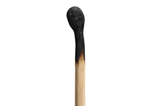 Burnt matchstick on transparent background showing concept of fragility