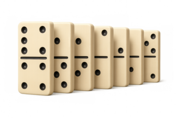 Domino tiles showing different numbers standing in a row on transparent background