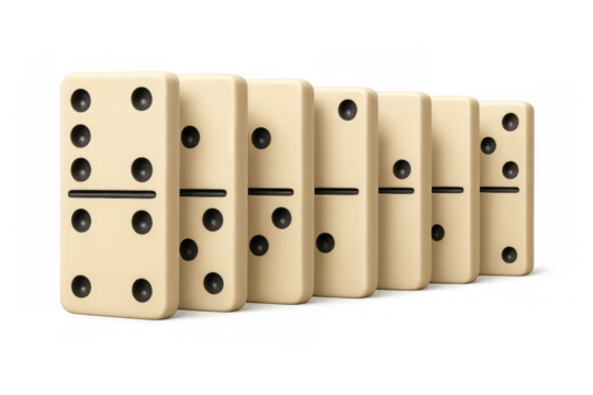 Domino tiles showing different numbers standing in a row on transparent background