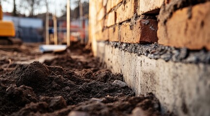 Brick foundation under construction. Dirt and concrete