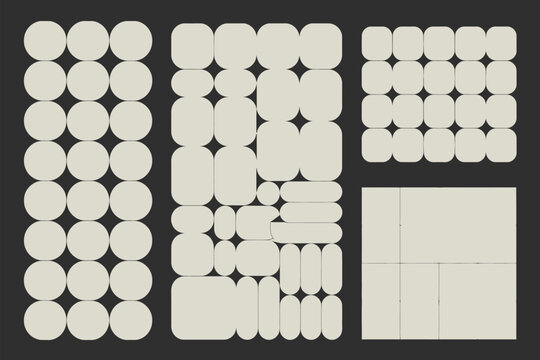 Geometric pattern features circles, rounded squares, and rectangles.