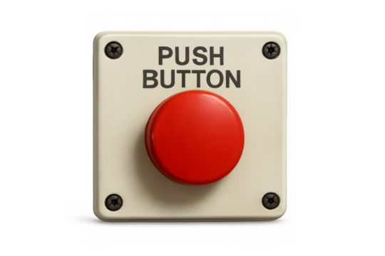 Big red push button on transparent background ready to be pressed