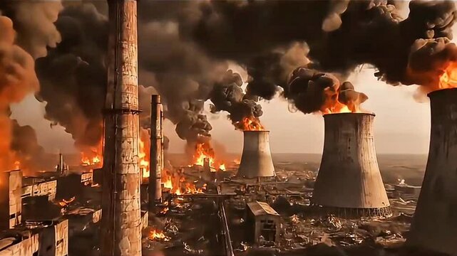 Industrial factory disaster with massive fires and thick smoke billows from cooling towers