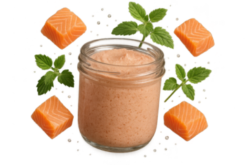 Salmon pate in glass jar with fresh salmon and mint on transparent background
