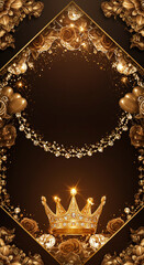 A luxurious golden-themed birthday banner with a glittering crown at the center. Surrounding the crown are sparkling gems and floral arrangements in warm tones.