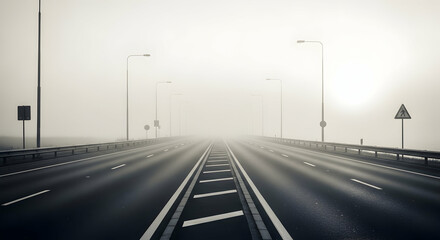 Eerie road disappears into the thick fog, creating an atmosphere of mystery and uncertainty