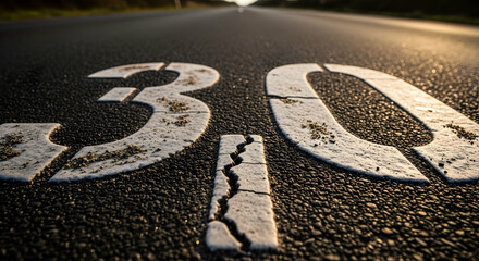 Focus On Road Number Symbolizing Speed Limit With Cracked Asphalt Detail