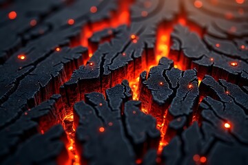 Close up view of cracked black surface with glowing orange embers