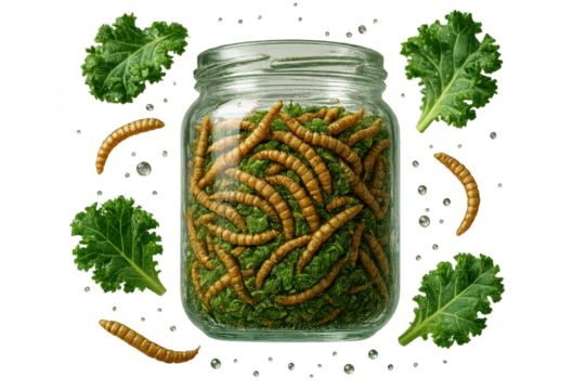 Sustainable mealworms and fresh kale leaves in a jar, isolated on transparent.