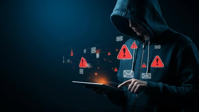Cybercrime: Anonymous hacker in a hoodie sends dangerous phishing and spam emails via tablet, highlighting serious digital security threats and warnings.