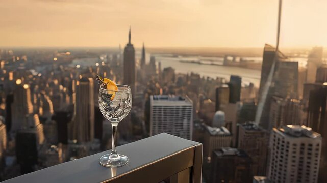A glass of martini elegantly displayed with the shimmering lights of a bustling metropolis in the background, capturing the essence of urban nightlife, sophistication, and evening relaxation

