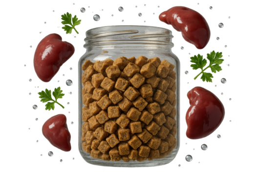 Dry pet food kibble, raw liver, parsley, isolated on transparent background