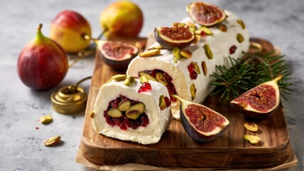 Cranberry and pistachio cheese with figs. The cheese lies on the parchment surrounded by slices of figs.