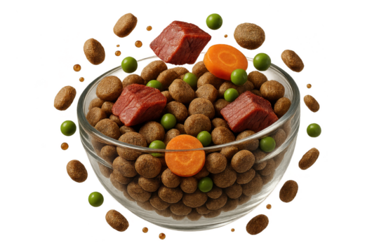 Premium dog food with meat, peas, and carrots in a bowl, isolated on transparent background