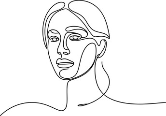 Elegant single line drawing of a woman s face with soft features and flowing hair against a clean white background