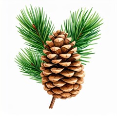 Fototapeta premium Detailed Pinecone with Green Needle Branch Isolated Against White Background Art