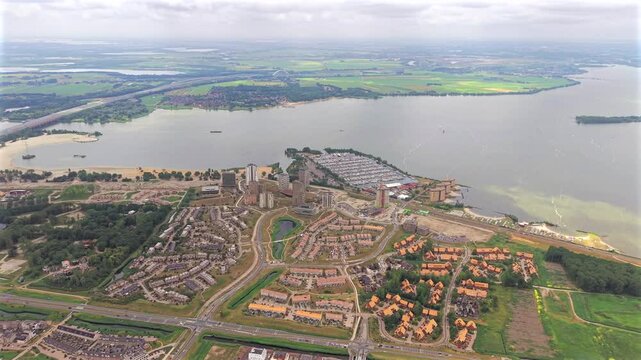 Aerial of Almere Poort waterfront with housing and Marina Muiderzand	