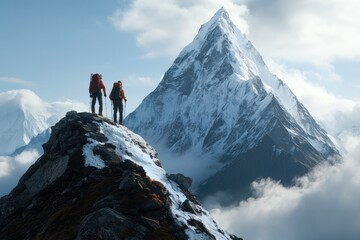 Two hikers atop a snow-capped mountain peak, gazing at a majestic, snow-covered mountain range. Vast clouds surround the base of the peaks