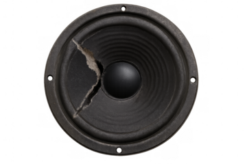 Old loudspeaker showing cone damage on transparent background