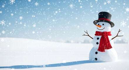 Fototapeta premium Snowman with Top Hat and Scarf in a Snowy Field, Winter Scene with Falling Snowflakes, Copy Space.