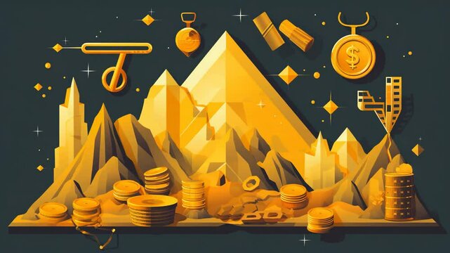 A vector illustration collection featuring a descending arrow accompanied by icons of gold bars, currency exchange symbols, and mining tools&mdash;visually representing economic decline, market 4K.