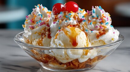 Delicious sundae features scoops of vanilla ice cream topped with whipped cream, colorful sprinkles, cherries, and caramel sauce, enticing customers in a vibrant dessert shop.