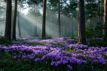 Naklejka premium Sunlit Misty Forest Clearing Abundant Purple Crocus Flowers Springtime Sunlight Through Trees Tranquil Nature Scene 1