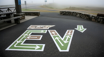 Electric Vehicle Charging Station Directional Signage Amidst Foggy Landscape
