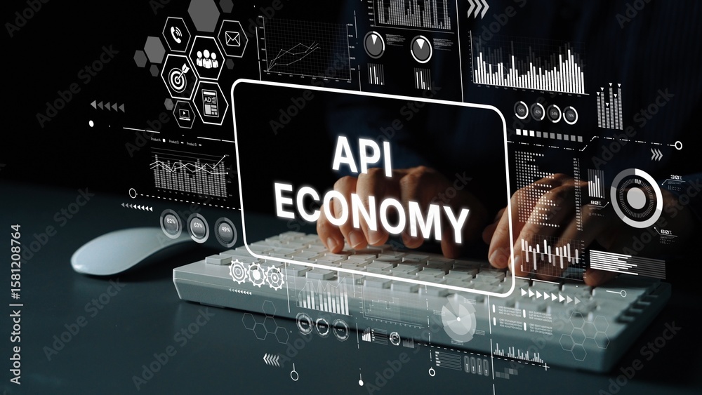 Poster hands typing on keyboard with overlay data visualizations representing the api economy and digital t