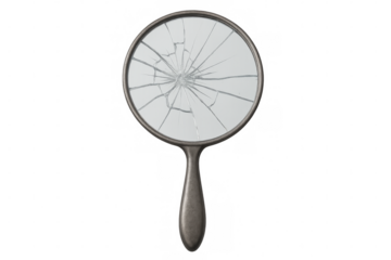 Broken hand mirror with transparent background reflecting shattered reality